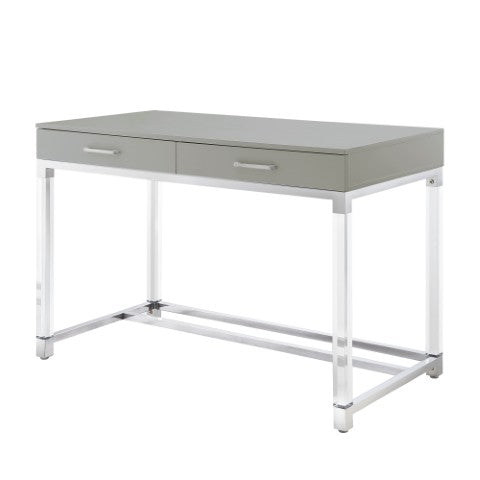 Homeroots 48" Elegant Writing Desk With Two Drawers – Stylish Wood, Acrylic & Stainless Steel Design For Home Office Light Grey,Chrome  543749