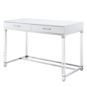 HomeRoots 48" Elegant Wood and Acrylic Writing Desk with Stainless Steel Accents and Two Drawers for Storage White/Chrome 543750