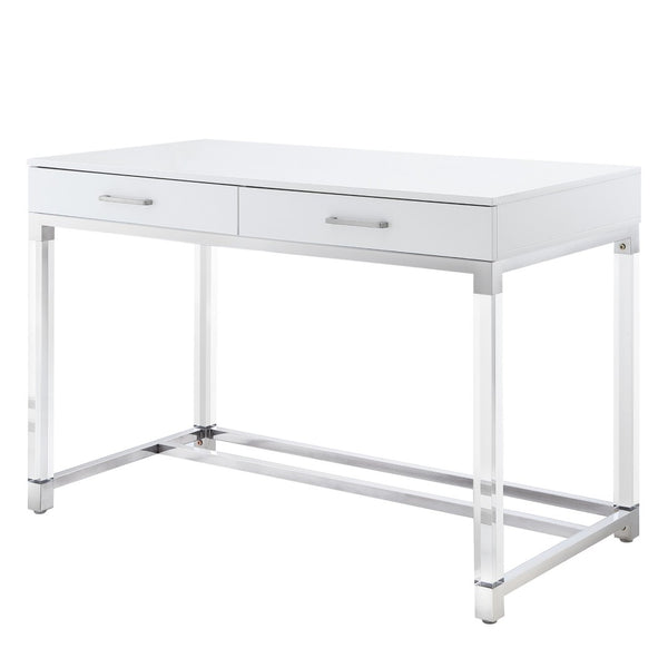 HomeRoots 48" Elegant Wood and Acrylic Writing Desk with Stainless Steel Accents and Two Drawers for Storage White/Chrome 543750