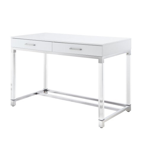 Homeroots 48" Elegant Writing Desk With Two Drawers – Stylish Wood, Acrylic & Stainless Steel Design For Home Office White,Chrome  543750