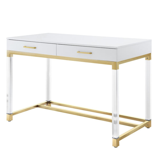HomeRoots 48" Elegant Wood and Acrylic Writing Desk with Stainless Steel Accents and Two Drawers for Storage White/Gold 543751