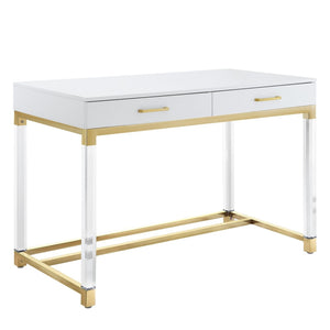 Homeroots 48" Elegant Writing Desk With Two Drawers – Stylish Wood, Acrylic & Stainless Steel Design For Home Office White,Gold  543751