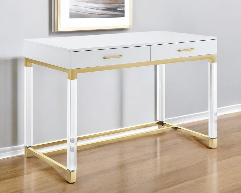 Homeroots 48" Elegant Writing Desk With Two Drawers – Stylish Wood, Acrylic & Stainless Steel Design For Home Office White,Gold  543751