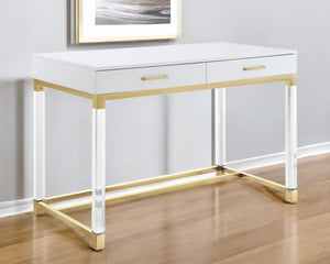 Homeroots 48" Elegant Writing Desk With Two Drawers – Stylish Wood, Acrylic & Stainless Steel Design For Home Office White,Gold  543751