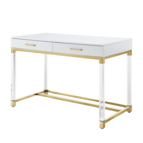 Homeroots 48" Elegant Writing Desk With Two Drawers – Stylish Wood, Acrylic & Stainless Steel Design For Home Office White,Gold  543751