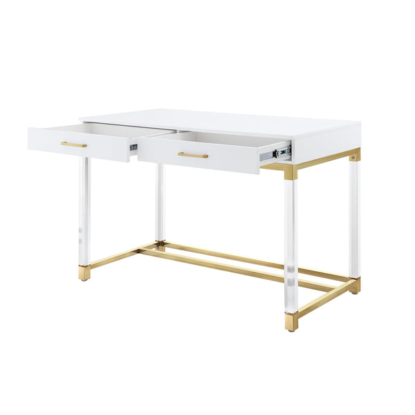 Homeroots 48" Elegant Writing Desk With Two Drawers – Stylish Wood, Acrylic & Stainless Steel Design For Home Office White,Gold  543751
