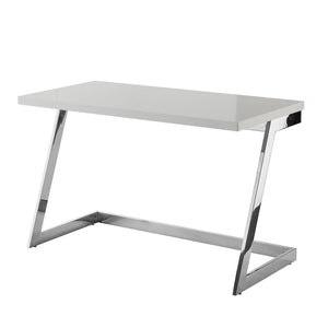 HomeRoots 47" Sleek Wood and Stainless Steel Sled Writing Desk – Elegant, Versatile, and Stylish Office Solution Light Grey/Chrome 543753