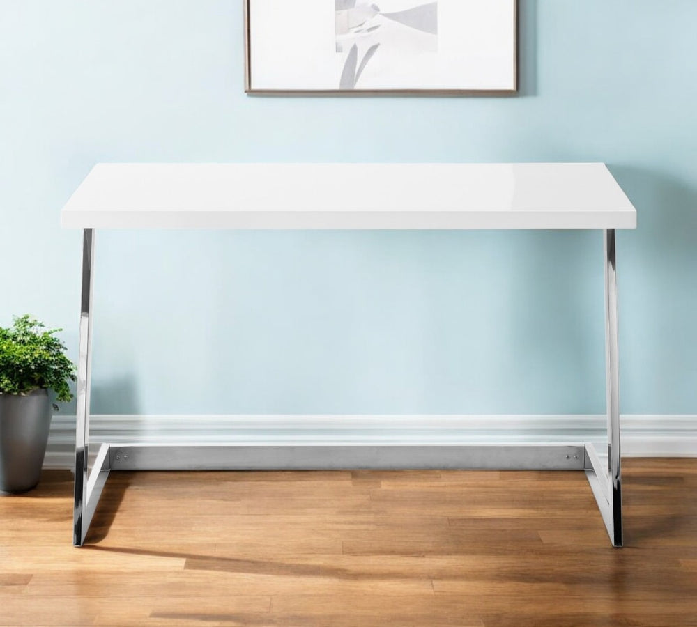 HomeRoots 47" Sleek Wood and Stainless Steel Sled Writing Desk – Elegant, Versatile, and Stylish Office Solution White/Chrome 543754