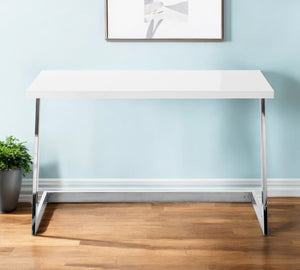 Homeroots 47" Elegant Wood And Stainless Steel Sled Writing Desk - Classic Design For Home Office And Living Room White,Chrome  543754