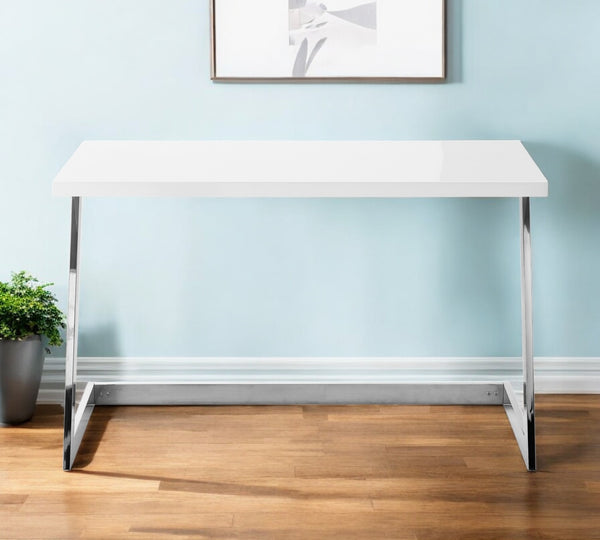 Homeroots 47" Elegant Wood And Stainless Steel Sled Writing Desk - Classic Design For Home Office And Living Room White,Chrome  543754