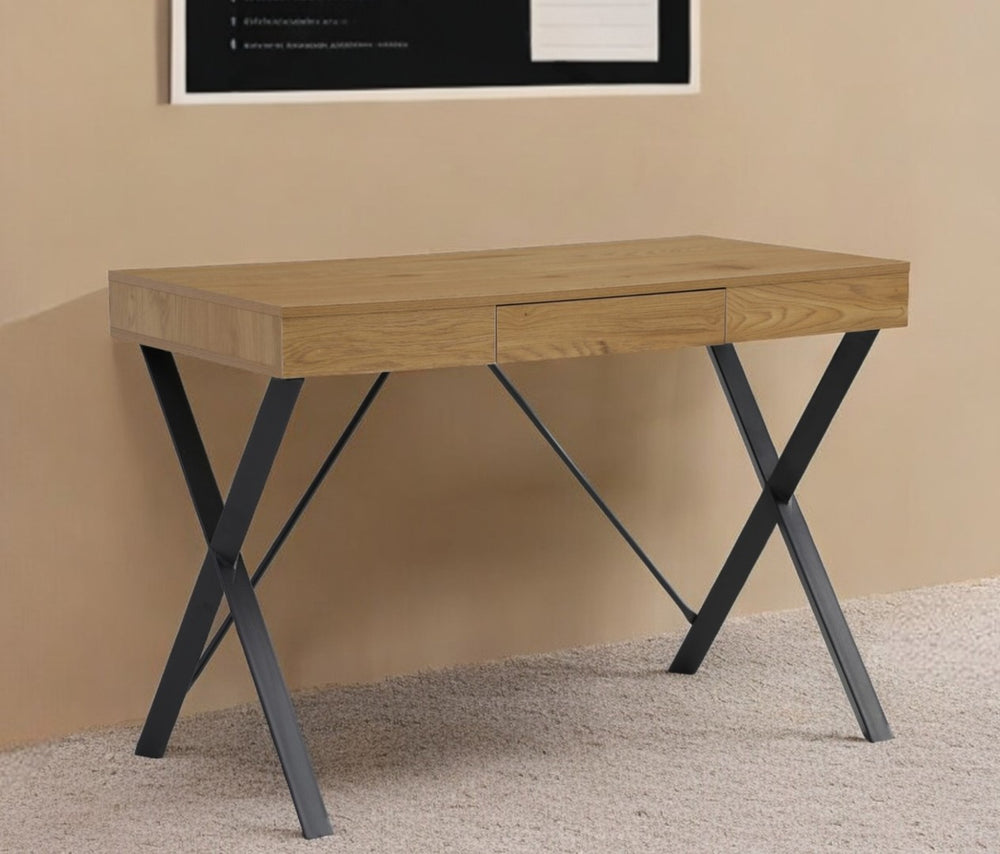 HomeRoots 43" Minimalist Writing Desk with Sturdy Metal Base - Perfect for Compact Home Office Spaces Natural/Black 543764