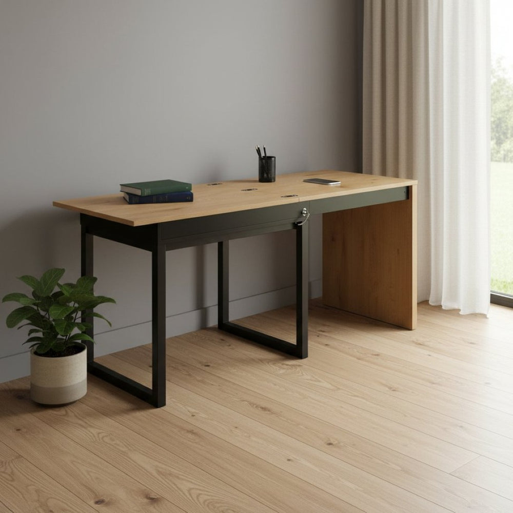 HomeRoots 63" Natural and Black Wood and Metal Writing Desk - Stylish, Spacious, and Durable Workspace Solution 543780