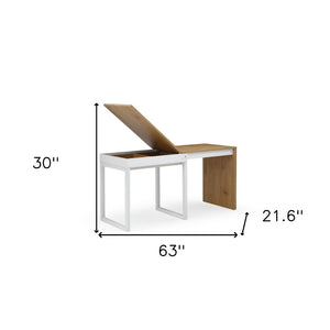 Homeroots 63" Stylish Modern Sled Writing Desk With Durable Metal Base And Natural Wood Top For Home Office Natural,White  543781