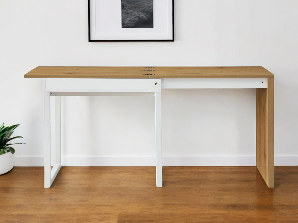 Homeroots 63" Stylish Modern Sled Writing Desk With Durable Metal Base And Natural Wood Top For Home Office Natural,White  543781