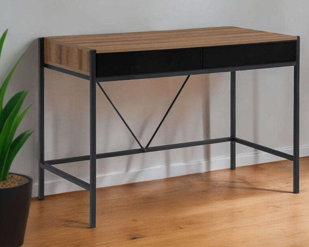 HomeRoots 43" Elegant Writing Desk with Hidden Storage, Durable Metal Base, Ideal for Home Office & Living Spaces Walnut/Black 543784