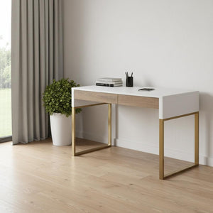 HomeRoots 47" White and Gold Writing Desk – Elegant Metal Frame with Two Drawers for Home Office & Study 543788