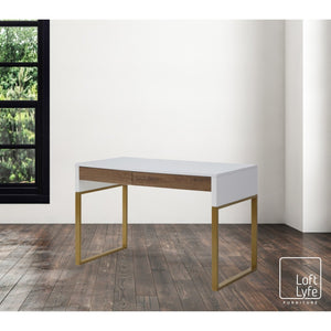 HomeRoots 47" White and Gold Writing Desk – Elegant Metal Frame with Two Drawers for Home Office & Study 543788