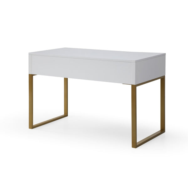 HomeRoots 47" White and Gold Writing Desk – Elegant Metal Frame with Two Drawers for Home Office & Study 543788