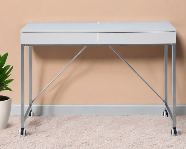 Homeroots 43" White And Silver Writing Desk With Two Drawers White,Silver  543792
