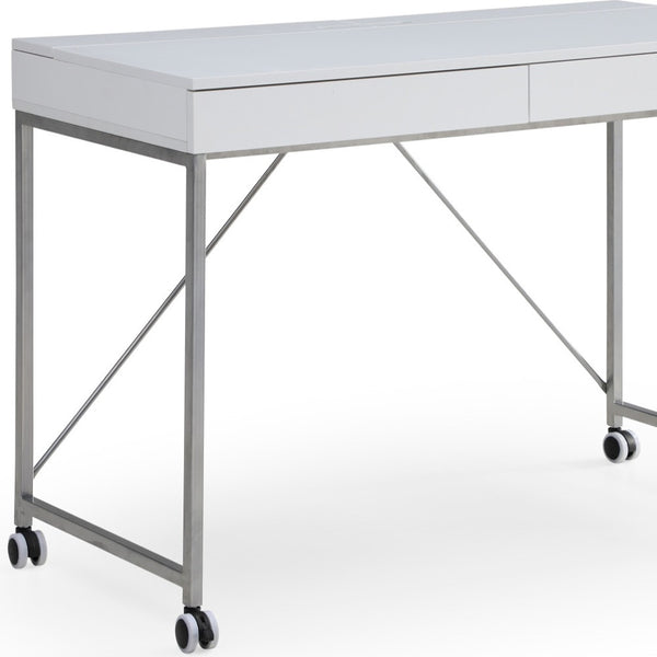 Homeroots 43" White And Silver Writing Desk With Two Drawers White,Silver  543792