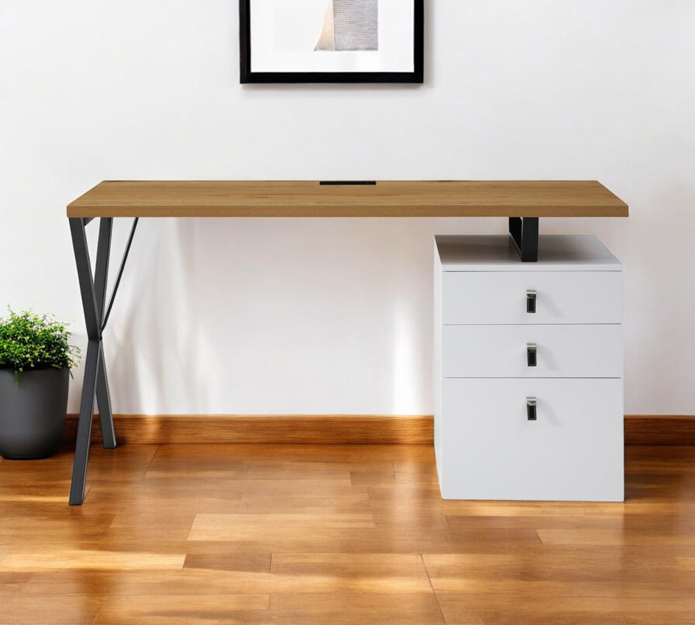 Homeroots 55" Stylish Natural And Black Wood Metal Writing Desk With 3 Drawers For Home Office Or Study Natural  543793