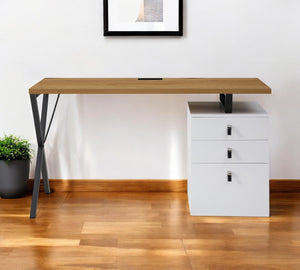 Homeroots 55" Stylish Natural And Black Wood Metal Writing Desk With 3 Drawers For Home Office Or Study Natural  543793