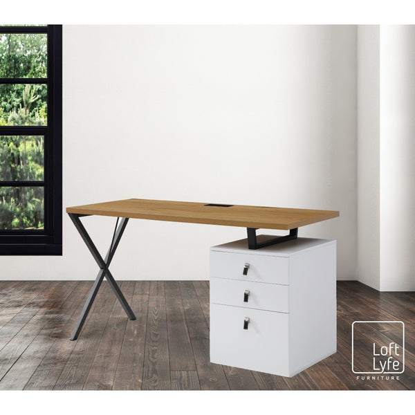 Homeroots 55" Stylish Natural And Black Wood Metal Writing Desk With 3 Drawers For Home Office Or Study Natural  543793