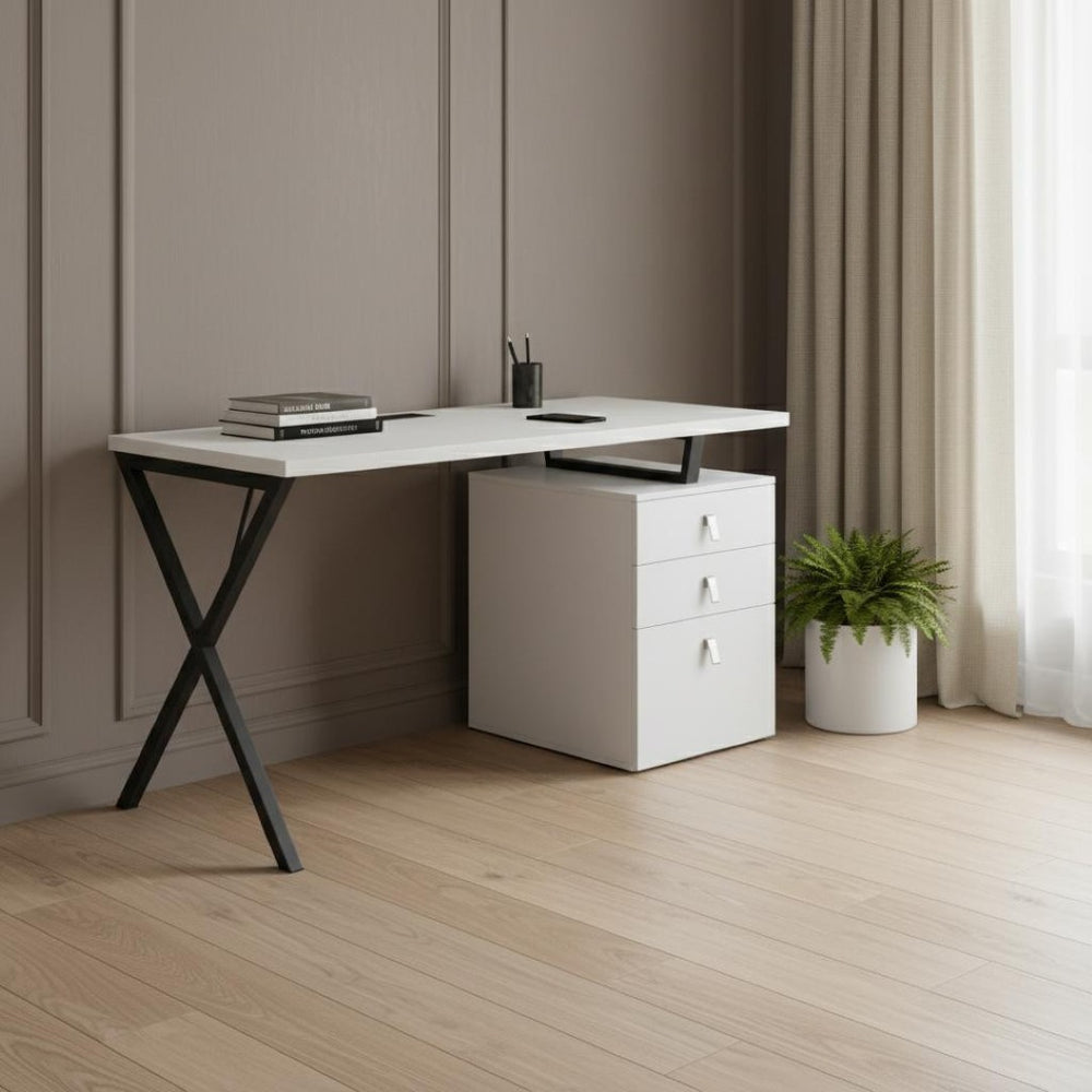 HomeRoots 55" White and Black Wood and Metal Writing Desk with 3 Drawers for Stylish Home Office Setup 543794