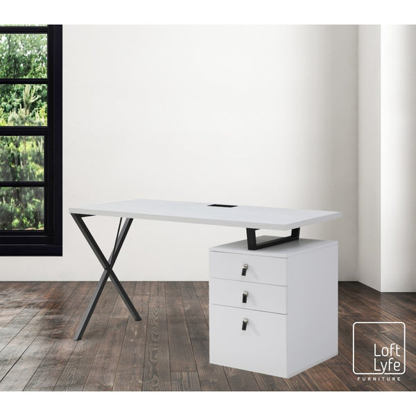 HomeRoots 55" White and Black Wood and Metal Writing Desk with 3 Drawers for Stylish Home Office Setup 543794