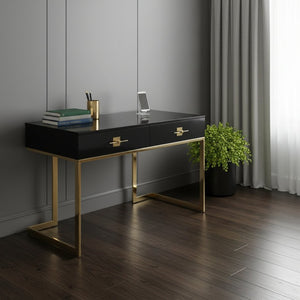HomeRoots 47" Black and Gold Writing Desk - Stylish Two-Drawer Workstation for Home Office & Living Room Decor 543795