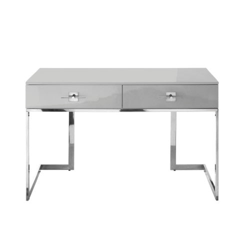 Homeroots 47" Light Gray And Silver Wood And Stainless Steel Writing Desk With 2 Drawers For Stylish Storage Light Grey,Chrome  543796