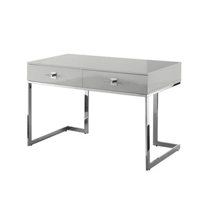 HomeRoots 47" Contemporary Sled Writing Desk with Stainless Steel Accents and Two Drawers for Stylish Storage Light Grey/Chrome 543796