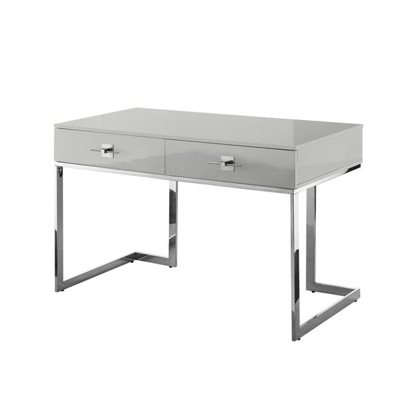 HomeRoots 47" Contemporary Sled Writing Desk with Stainless Steel Accents and Two Drawers for Stylish Storage Light Grey/Chrome 543796