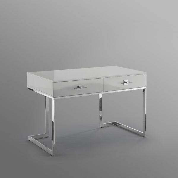 Homeroots 47" Light Gray And Silver Wood And Stainless Steel Writing Desk With 2 Drawers For Stylish Storage Light Grey,Chrome  543796