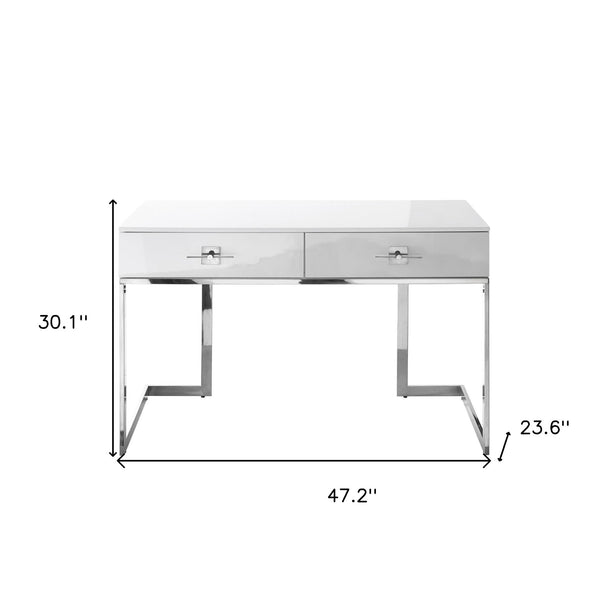 Homeroots 47" White And Silver Writing Desk With Two Drawers White,Chrome  543797