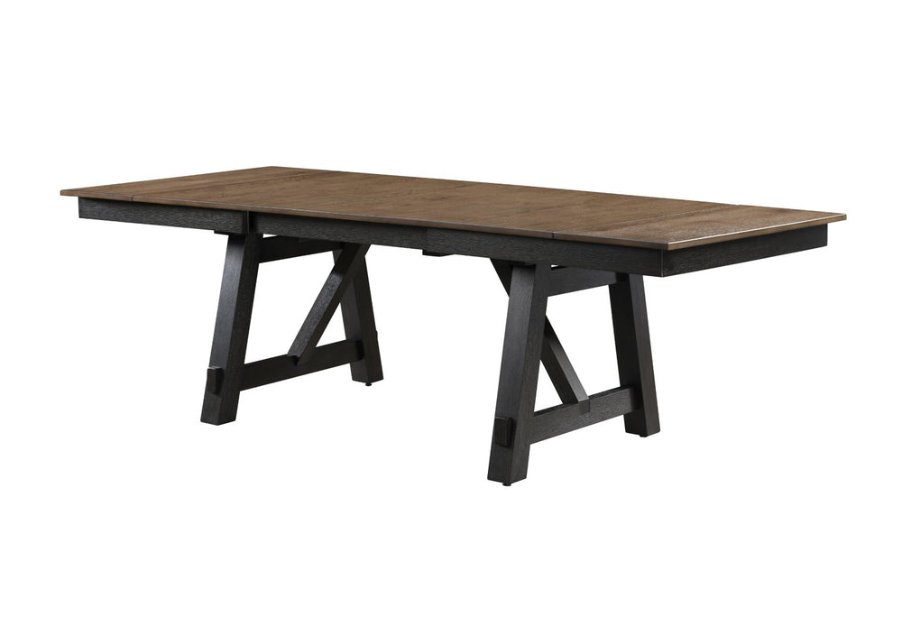 English Elm 7pc Solid Wood Extendable Trestle Dining Set Wheat Charcoal Upholstered Chairs Cottage B011S01669