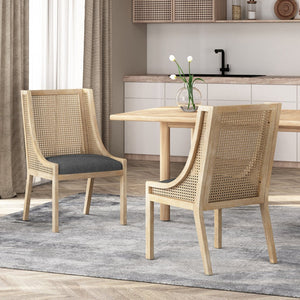 English Elm Dining Chair Set of 2 Rubberwood Cane Webbing Back Upholstered Farmhouse Style Charcoal N771P388970C