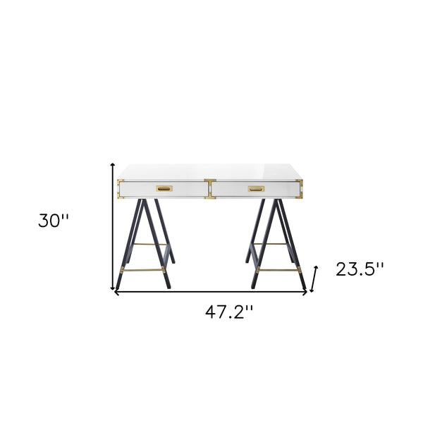 Homeroots 47" White And Black Writing Desk With Two Drawers White  543802