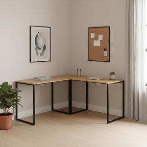 HomeRoots 71" Modern L-Shape Writing Desk in Natural Wood and Black Metal - Spacious, Stylish & Durable Design 543803