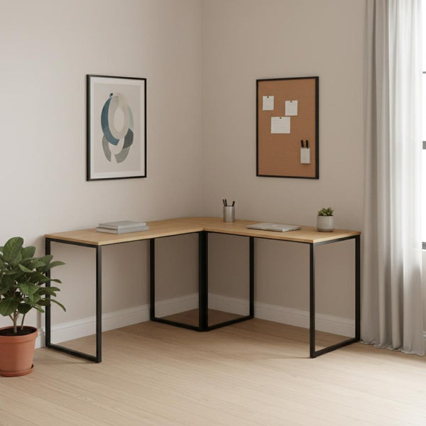 HomeRoots 71" Modern L-Shape Writing Desk in Natural Wood and Black Metal - Spacious, Stylish & Durable Design 543803
