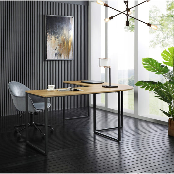 HomeRoots 71" Modern L-Shape Writing Desk in Natural Wood and Black Metal - Spacious, Stylish & Durable Design 543803