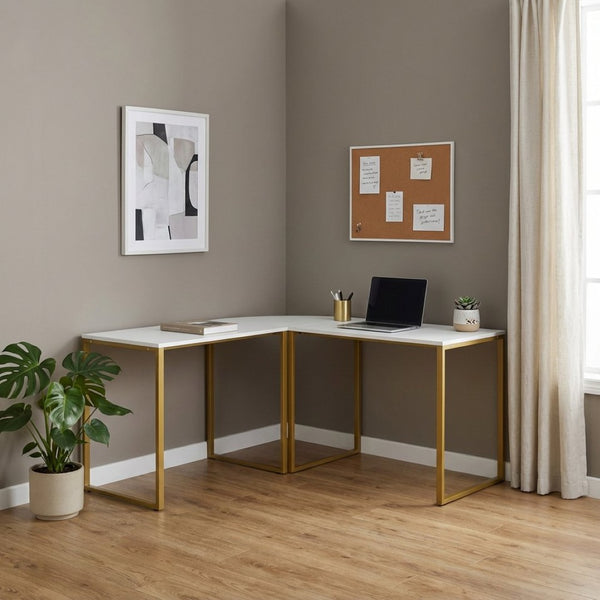 HomeRoots 71" White and Gold L-Shape Writing Desk - Elegant Home Office Solution for Modern Workspaces & Gaming 543804