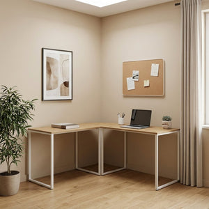 HomeRoots 71" Modern L-Shaped Writing Desk with Natural Wood and Metal Accents for Home Office and Workspace 543805