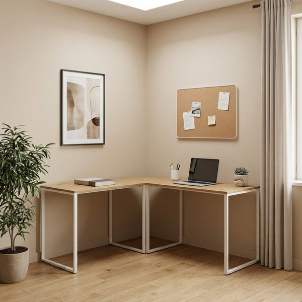 HomeRoots 71" Modern L-Shaped Writing Desk with Natural Wood and Metal Accents for Home Office and Workspace 543805