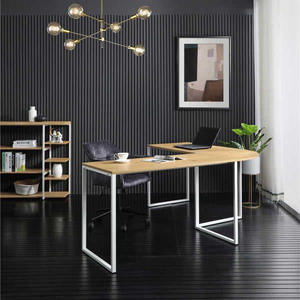 HomeRoots 71" Modern L-Shaped Writing Desk with Natural Wood and Metal Accents for Home Office and Workspace 543805