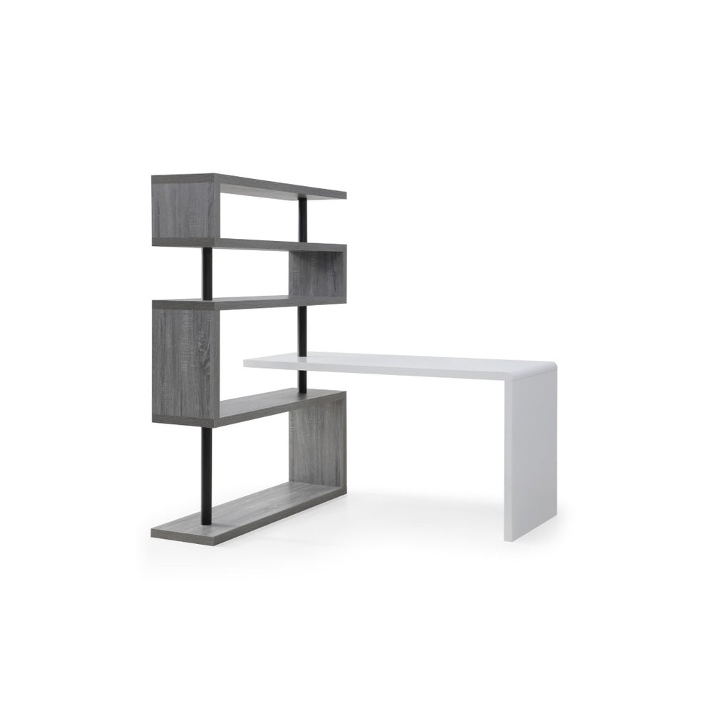 HomeRoots 93" Versatile White and Gray L-Shape Writing Desk with Metal Frame & Open Shelving for Home Office 543806