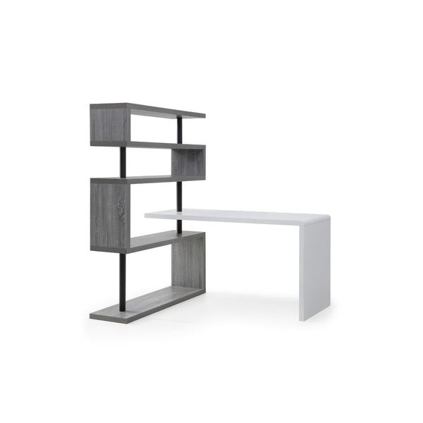 HomeRoots 93" Versatile White and Gray L-Shape Writing Desk with Metal Frame & Open Shelving for Home Office 543806