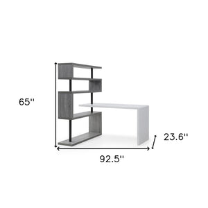 HomeRoots 93" Versatile White and Gray L-Shape Writing Desk with Metal Frame & Open Shelving for Home Office 543806