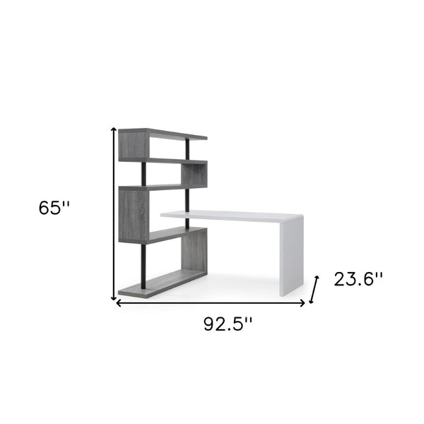 HomeRoots 93" Versatile White and Gray L-Shape Writing Desk with Metal Frame & Open Shelving for Home Office 543806