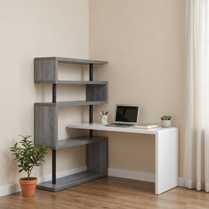 HomeRoots 93" Versatile White and Gray L-Shape Writing Desk with Metal Frame & Open Shelving for Home Office 543806